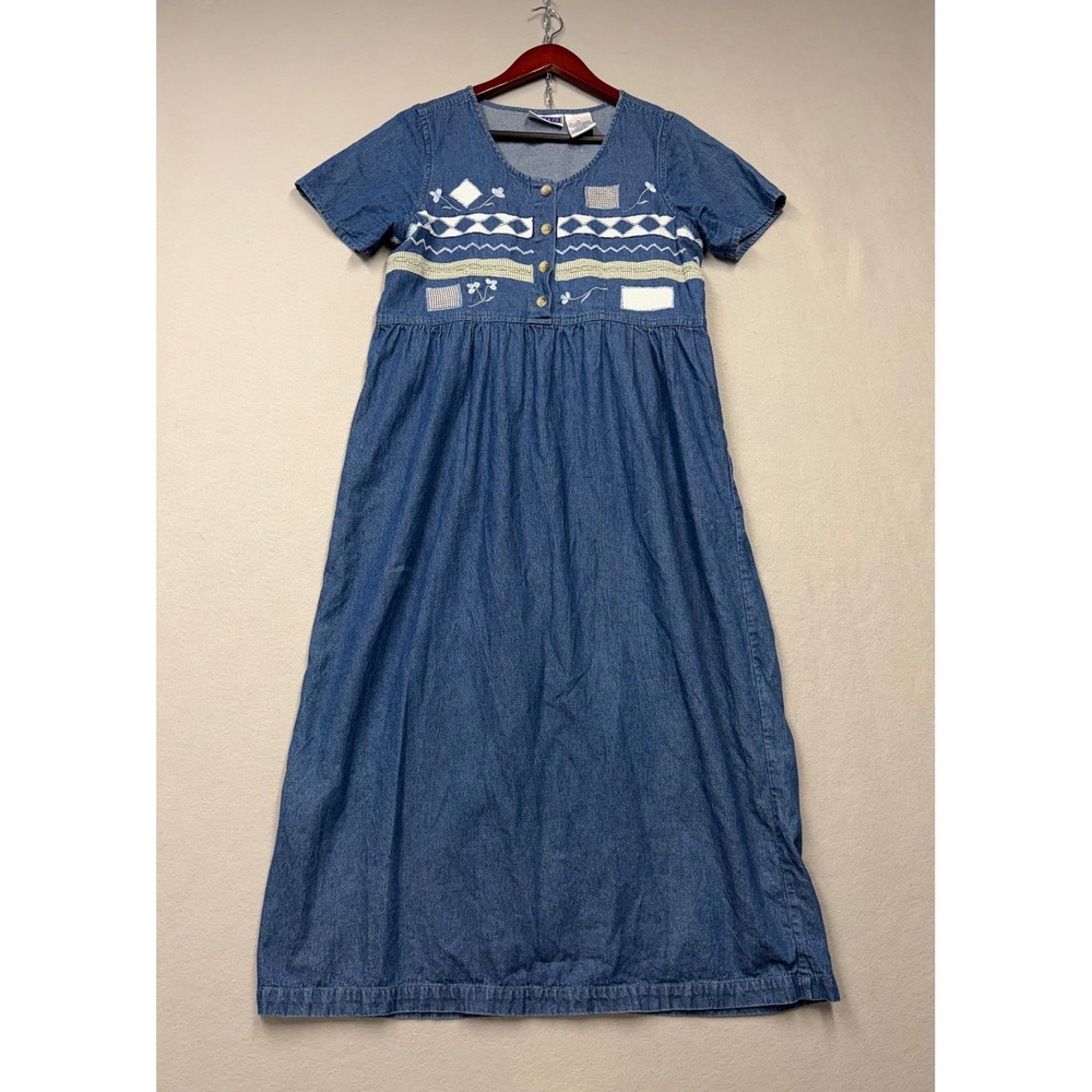 Erika & Co. Denim Maxi Dress Women PM Blue Vintage 90s Embroidered Patchwork PM